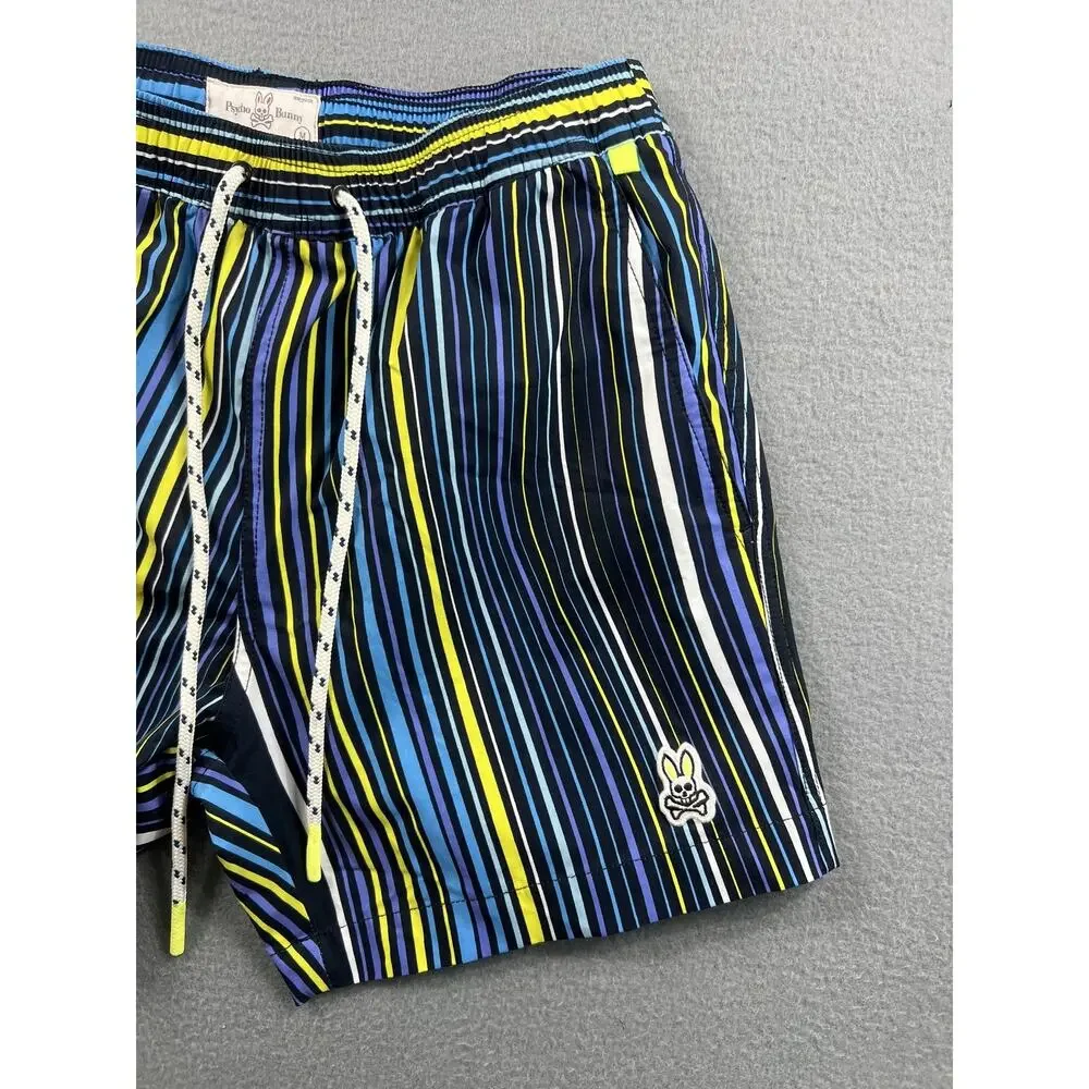 Psycho Bunny Swim Trunks Men's Medium Striped Multicolor Beach Drawstring Shorts